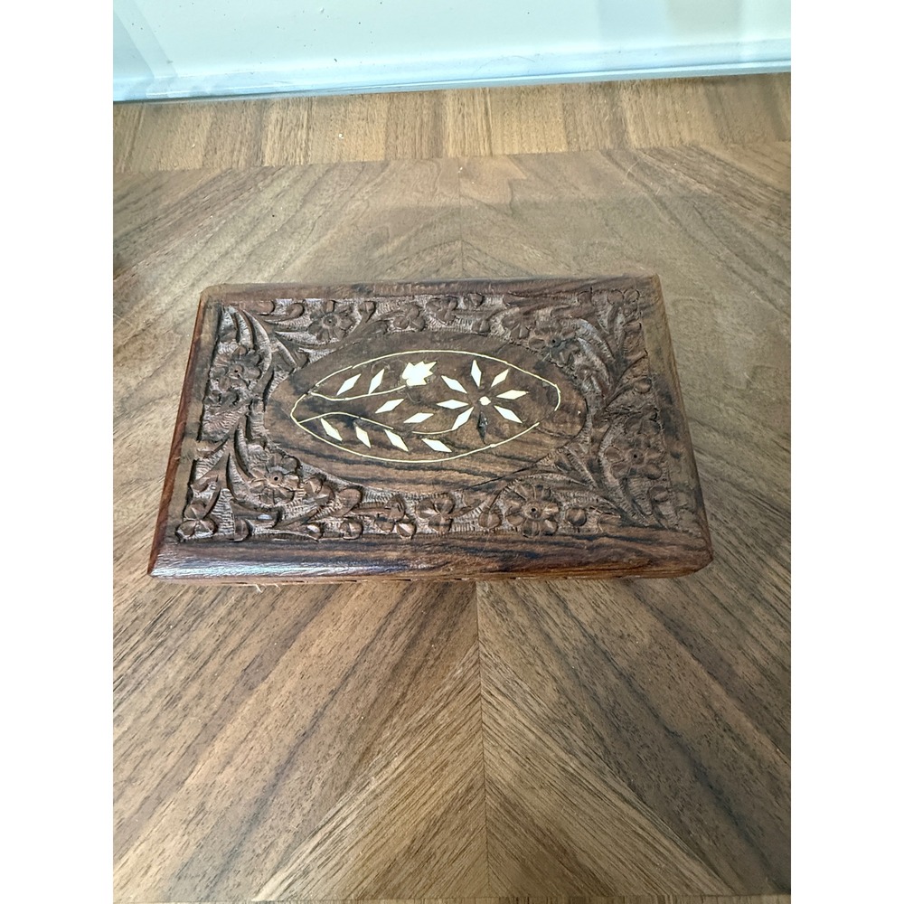 PWF Hand Crafted India Carved Wood Jewelry Box Inlay Floral Blue Velvet Lining